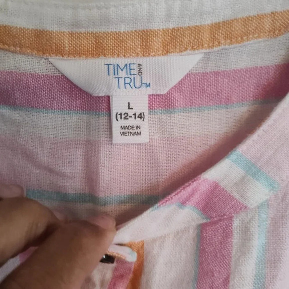Time and Tru Pink Stripe Button Linen Rayon Shirt Dress Size L 12-14 Beach Vacay - Picture 5 of 9